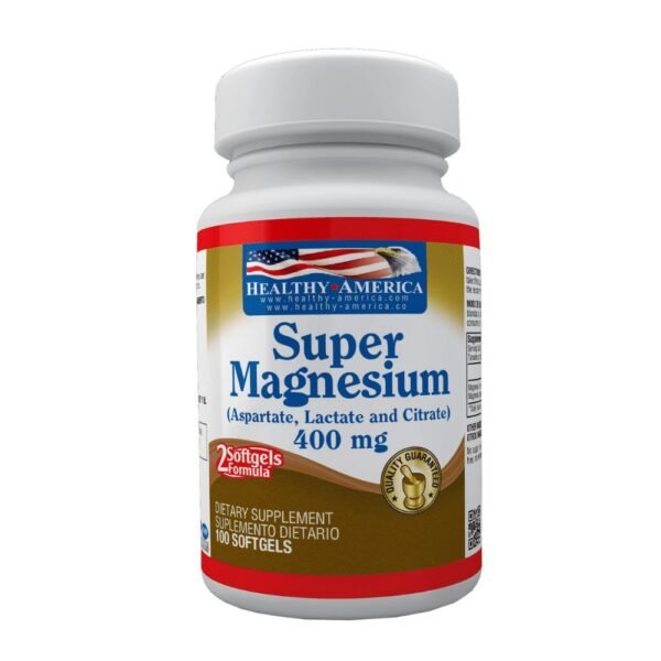 Super Magnesium de Healthy America, 400mg de magnesio de alta absorción para la relajación muscular y el descanso.