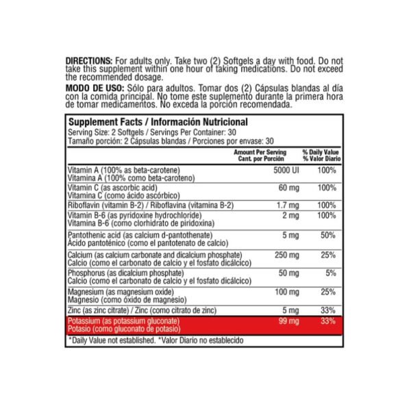 Healthy America | 2099 Potassium 99mg With Vitamins And Minerals 60 Softgels | Ficha Técnica