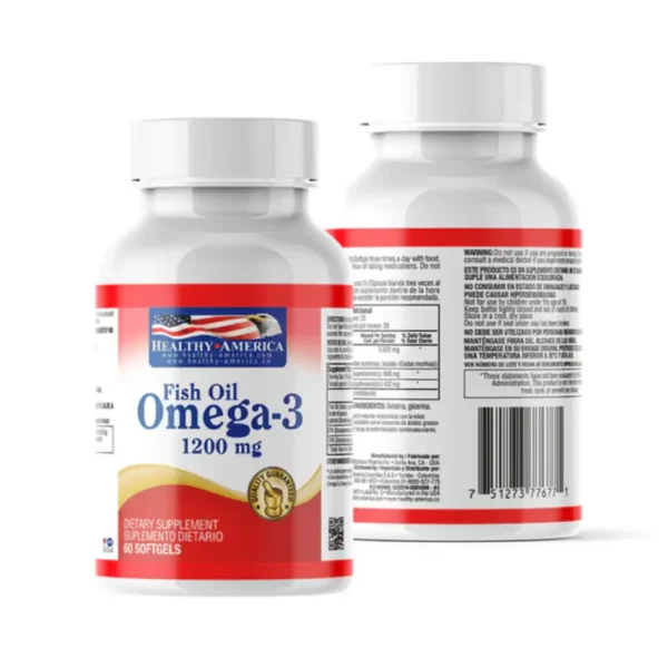 Cápsulas blandas de Omega 3 1200mg de Healthy America en su envase original.