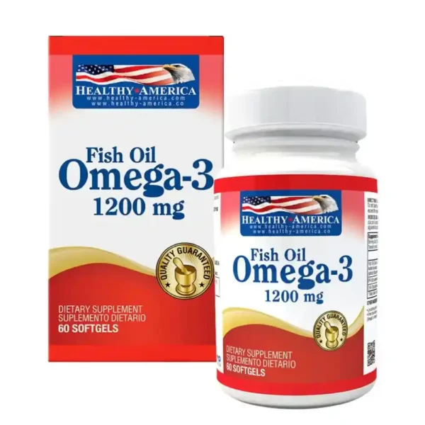 Cápsulas blandas de Omega 3 1200mg de Healthy America en su envase original.