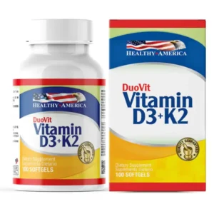 Frasco del suplemento Vitamina D3+K2 de Healthy America con 100 cápsulas. Frasco del suplemento Vitamina D3+K2 de Healthy America con 100 cápsulas.