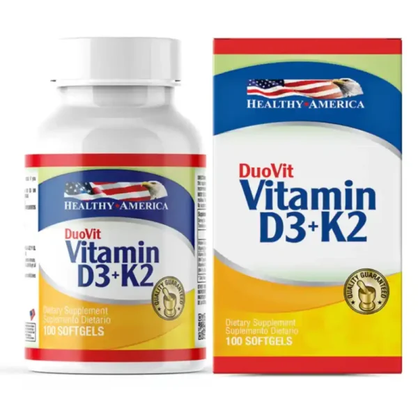 Frasco del suplemento Vitamina D3+K2 de Healthy America con 100 cápsulas. Frasco del suplemento Vitamina D3+K2 de Healthy America con 100 cápsulas.