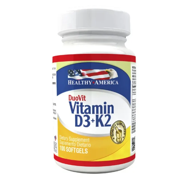 Frasco del suplemento Vitamina D3+K2 de Healthy America con 100 cápsulas.