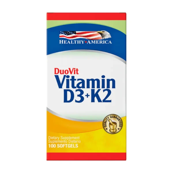 Frasco del suplemento Vitamina D3+K2 de Healthy America con 100 cápsulas.