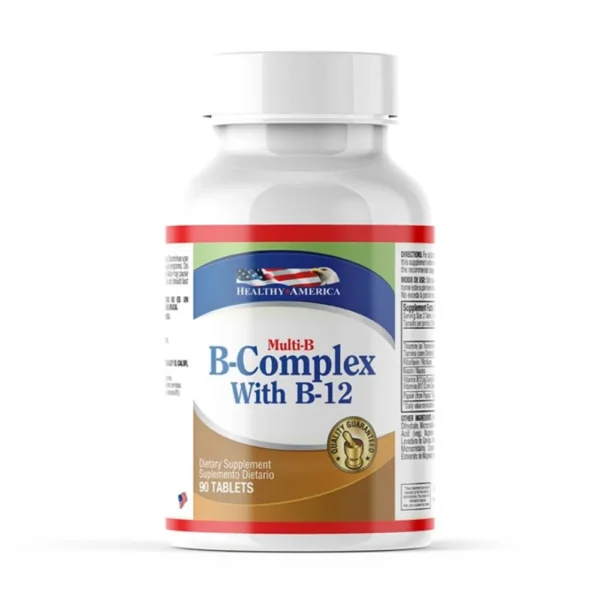 Frasco de Multi B-Complex con B12 de Healthy America, suplemento para el metabolismo energético y sistema nervioso.