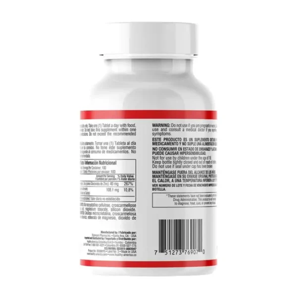 Zinc Quelado de 40 mg de Healthy America en su envase de 100 tabletas, un suplemento para fortalecer el sistema inmune.