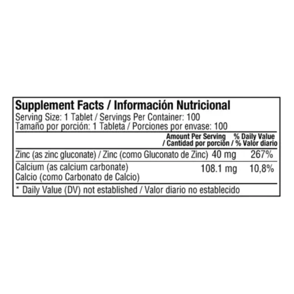 Zinc Quelado de 40 mg de Healthy America en su envase de 100 tabletas, un suplemento para fortalecer el sistema inmune.