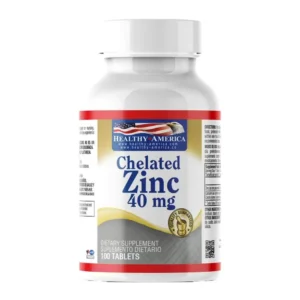 Zinc Quelado de 40 mg de Healthy America en su envase de 100 tabletas, un suplemento para fortalecer el sistema inmune.
