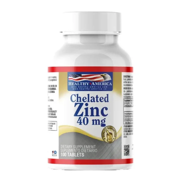 Zinc Quelado de 40 mg de Healthy America en su envase de 100 tabletas, un suplemento para fortalecer el sistema inmune.