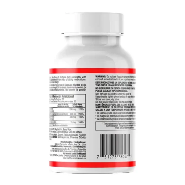 Envase de CAL-MAG-ZINC Plus D3 de Healthy America con 90 cápsulas sobre un fondo blanco, ideal para la salud de los huesos.