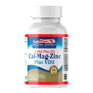 Envase de CAL-MAG-ZINC Plus D3 de Healthy America con 90 cápsulas sobre un fondo blanco, ideal para la salud de los huesos.