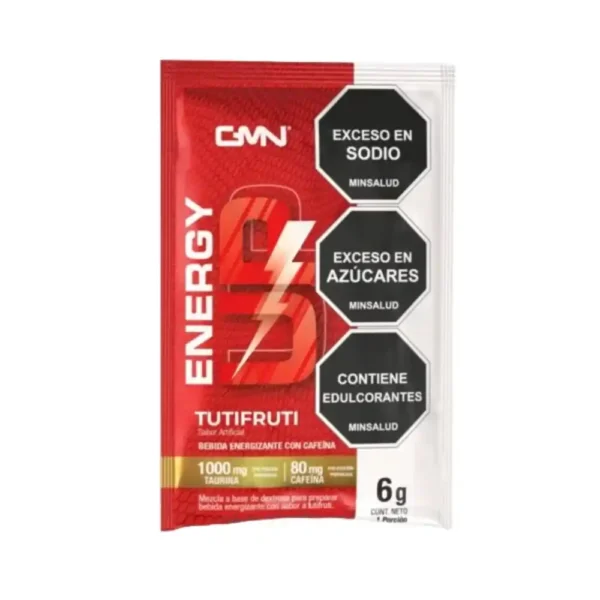 Caja de Energy Up con un sobre y un vaso de la bebida energizante sabor tutifruti.