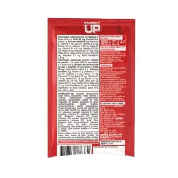 Caja de Energy Up con un sobre y un vaso de la bebida energizante sabor tutifruti.