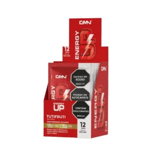 Caja de Energy Up con un sobre y un vaso de la bebida energizante sabor tutifruti.