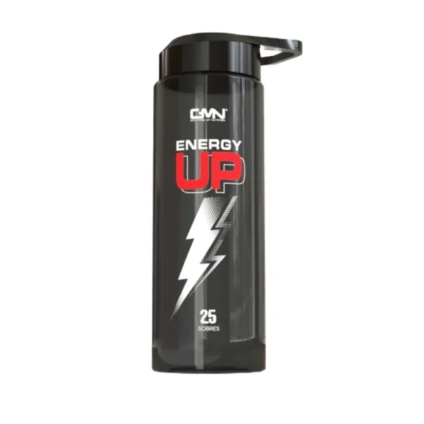 Caja de Energy Up con un sobre y un vaso de la bebida energizante sabor tutifruti.