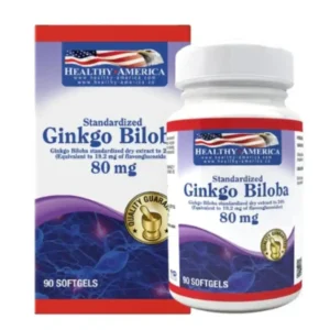 Suplemento Ginkgo Biloba 80mg de Healthy America en frasco, para mejorar la memoria y la concentración.