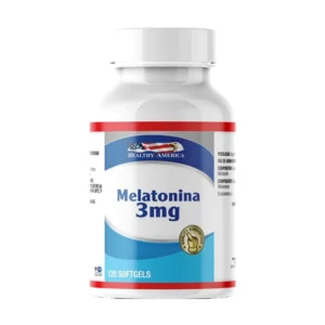 Frasco con 120 cápsulas de Melatonina 3mg de Healthy America, suplemento para un descanso profundo.