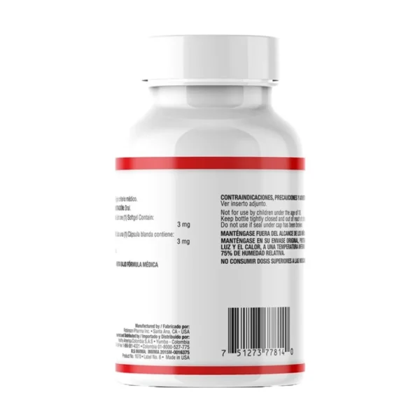 Frasco con 120 cápsulas de Melatonina 3mg de Healthy America, suplemento para un descanso profundo.
