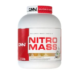 Envase de Nitro Mass GMN con 32g proteína y 311 calorías por porción, sabor vainilla gourmet.