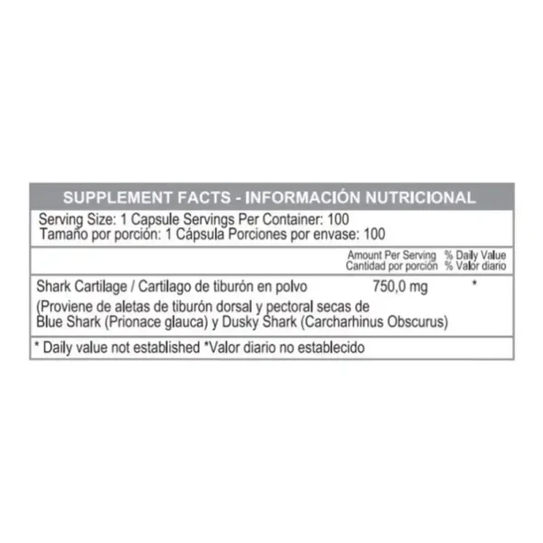 Frasco de Cartílago de Tiburón 750mg de Healthy America, suplemento dietario en 100 cápsulas.