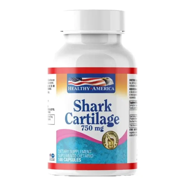 Frasco de Cartílago de Tiburón 750mg de Healthy America, suplemento dietario en 100 cápsulas.