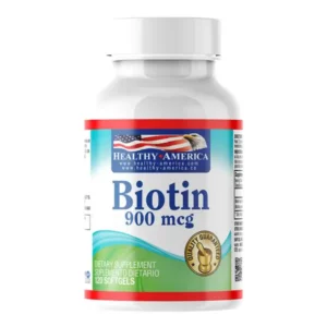 Frasco de Biotin 900 mcg de Healthy America con 120 cápsulas blandas.