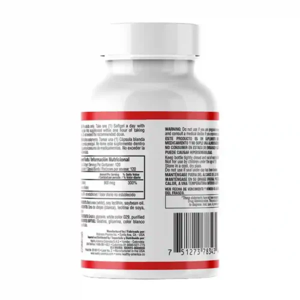 Frasco de Biotin 900 mcg de Healthy America con 120 cápsulas blandas.