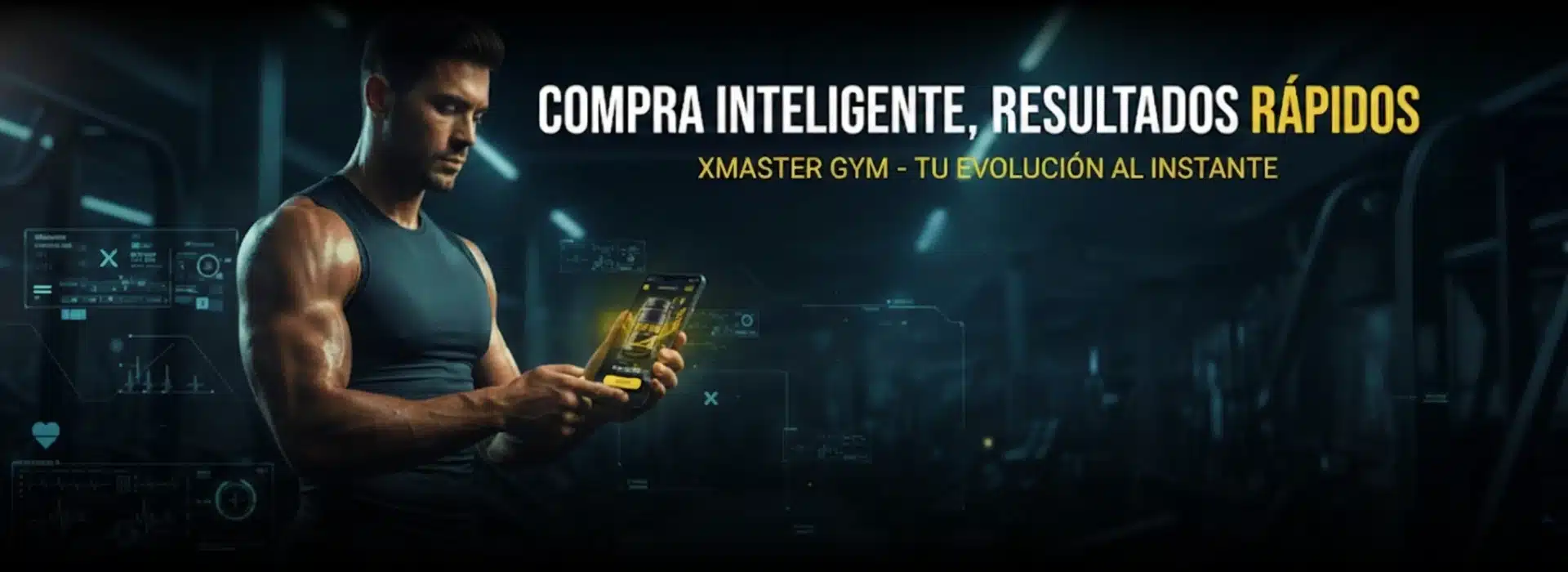 Atleta de fitness interactuando con smartphone para realizar una compra inteligente de suplementos deportivos en la tienda online de XMASTER GYM Colombia.